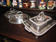 3 silver plated vegetable tureens.