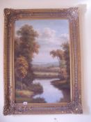 An oil on canvas River Scene with Hills in very ornate gilt frame signed but indistinct (image 60cm