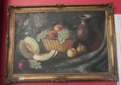 A large still life oil on canvas in ornate gilt frame signed but indistinct (image 90cm x 59cm,