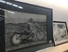 A drawing of a rally motorcyclist signed Mark Judge and a print of a Harley Davidson shop,