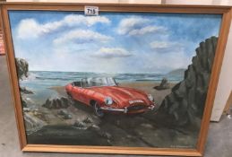 An oil on canvas of a Jaguar E Type signed Eric Chapman.