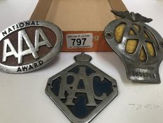 AA, RAC and AAA national award car badges.