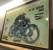 A large framed and glazed Stanley Woods Velocette moto storiche poster.