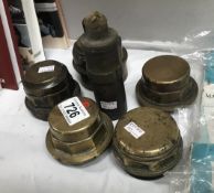 5 brass hub caps and brass blow torch (possibly jewellers).