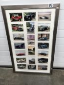 A framed & glazed collage of vintage car pictures