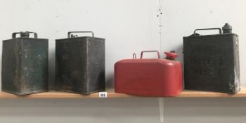 3 vintage 2 gallon petrol cans with caps and 1 other.