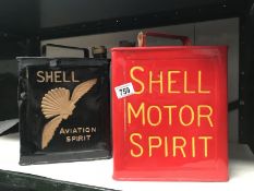 A Shell Aviation spirit and a Shell motor spirit 2 gallon cans.