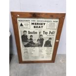 A framed and glazed 'Mersey Beat' 1962 copy featuring The Beatles.