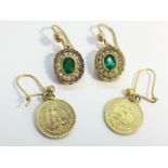 Two pairs of earrings, a pair of 22 carat yellow gold 1945 Dos Pesos Coin Earrings,