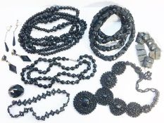 A nine piece lot of French Jet and Whitby Jet Jewellery, including necklaces, a brooch,