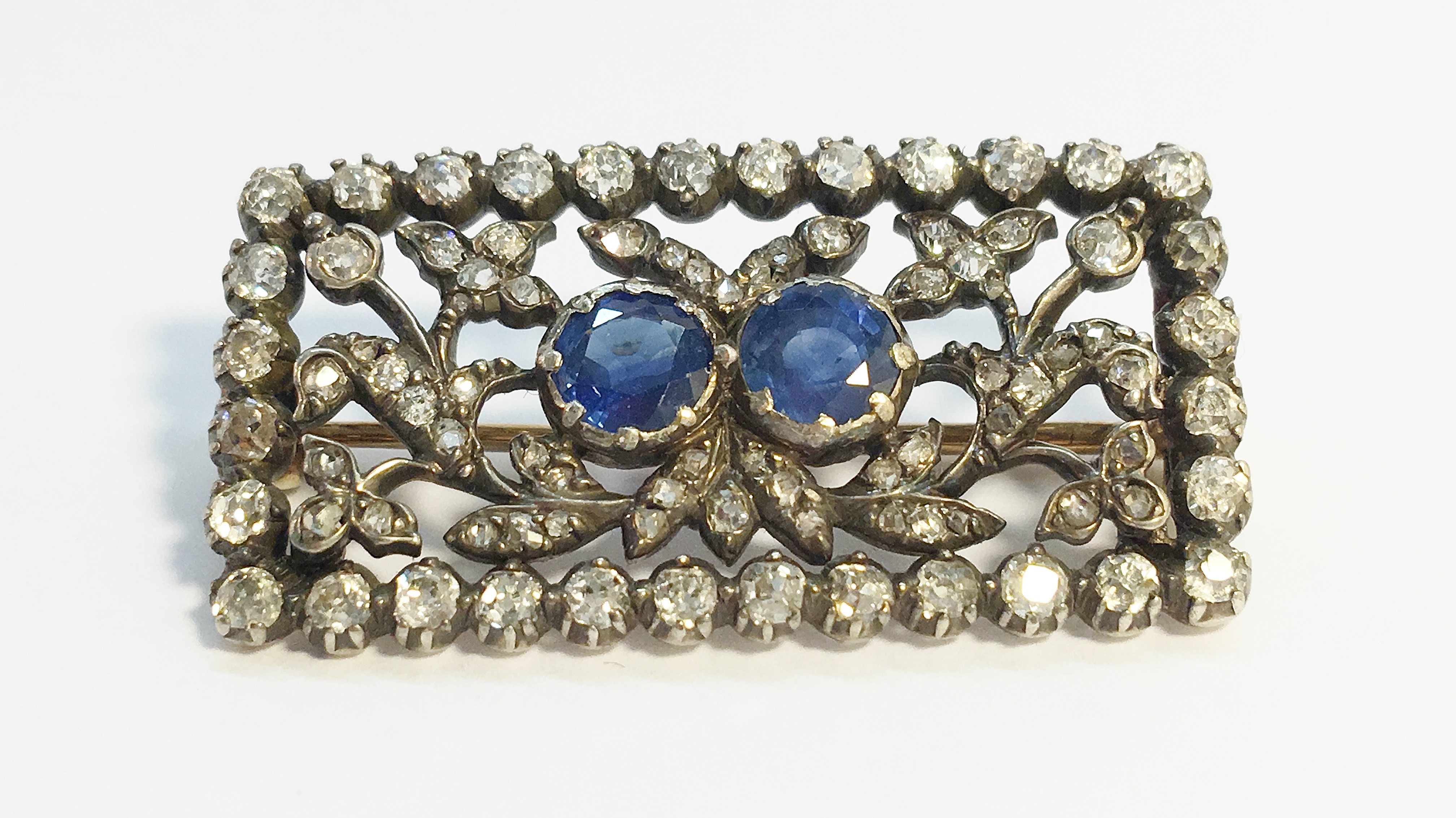 A nineteenth century Sapphire and Diamond oblong brooch, set with two round Ceylon blue sapphires, - Image 2 of 3