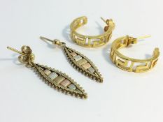 Two pairs of gold earrings. A pair of 18ct gold hoops with greek key design, total weight 5.