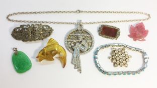 A small lot of costume jewellery including a silver plique a jour enamelled pendant in Art Nouveau