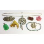 A small lot of costume jewellery including a silver plique a jour enamelled pendant in Art Nouveau