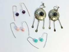 A pair of Vintage hammered pendant earrings, plus 3 pairs of gem bead earrings, with Amethyst,