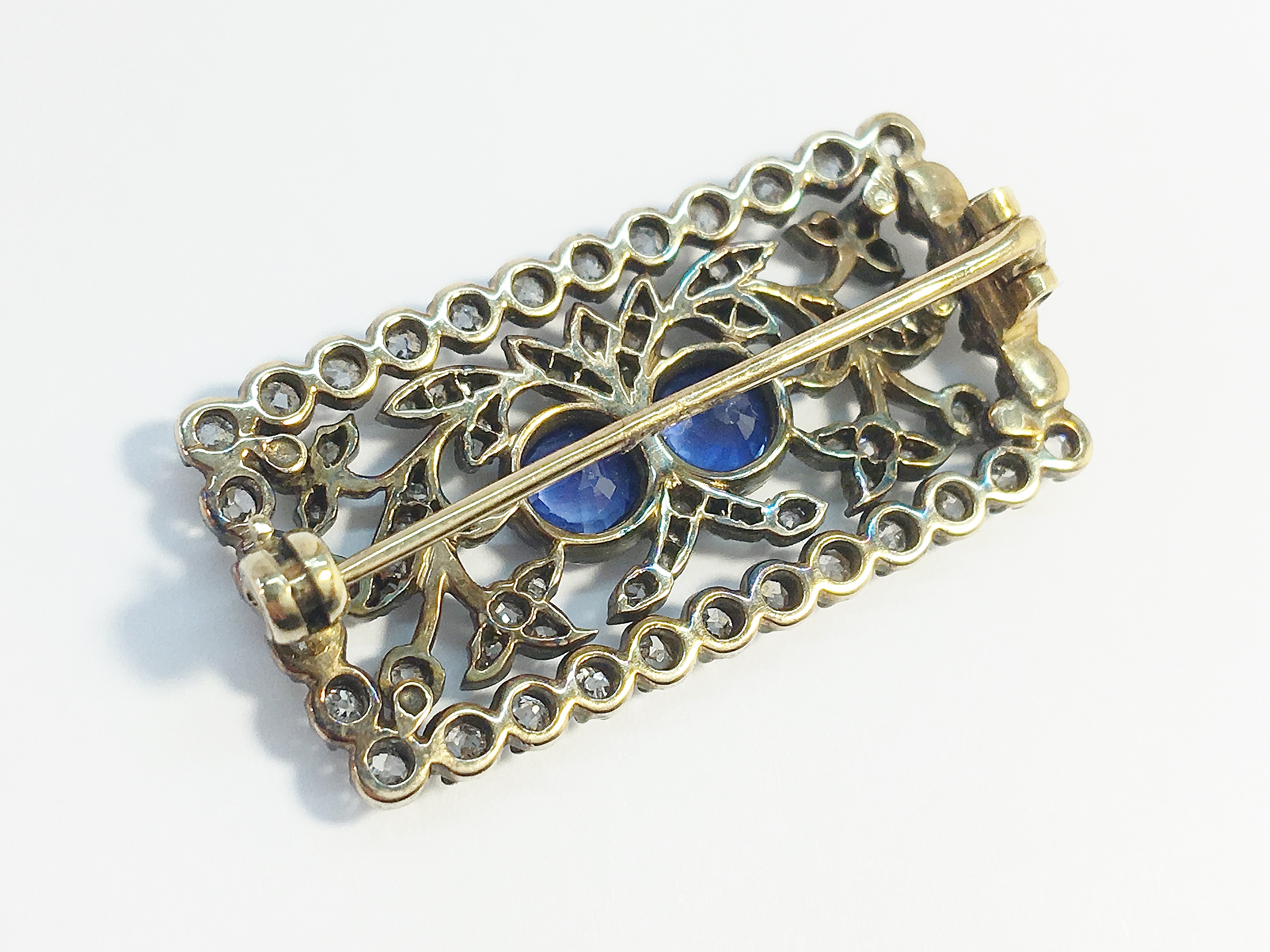 A nineteenth century Sapphire and Diamond oblong brooch, set with two round Ceylon blue sapphires, - Image 3 of 3