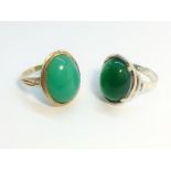 Two cabochon rings. One Art Deco period, set with a green Chrysoprase in 10ct gold.