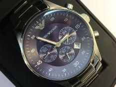 An Emporio Armani Chronograph wrist watch with certificate in original box and case