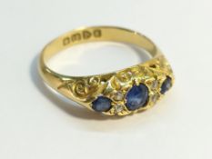 Victorian Sapphire and Diamond Ring with Engraved 18ct Yellow Gold Shank.