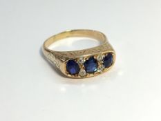 A Victorian Sapphire and Diamond Ring with Engraved 9ct Yellow Gold Shank.