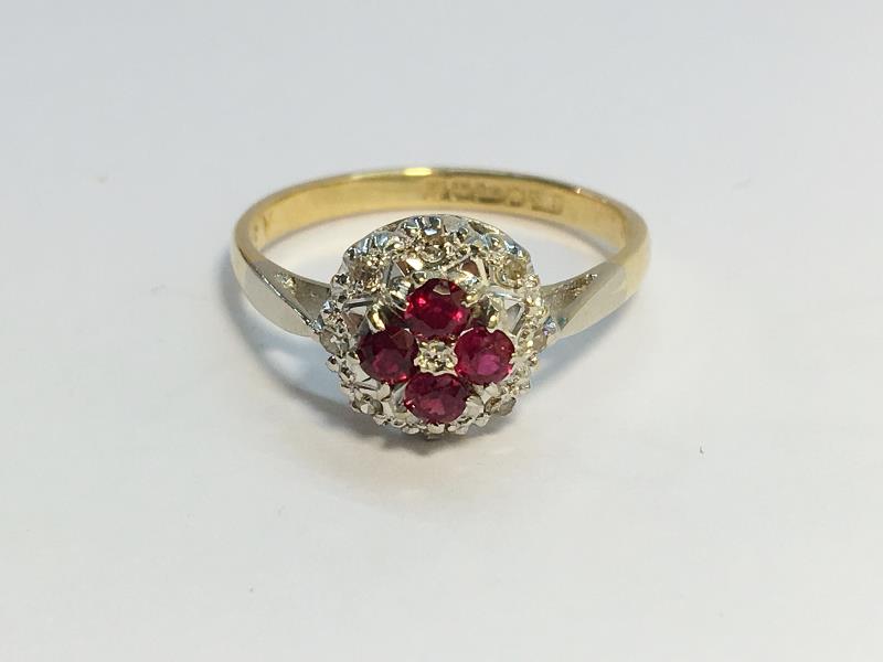 An Ruby and Diamond cluster ring in 18ct yellow and white gold. Rubies ETCW 0. - Image 3 of 8