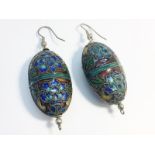 A pair of cloisonné enamel pendant earrings, hollow construction.