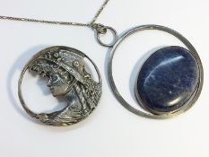 A 1980s silver brooch depicting a young woman, plus a 1970s lapis hoop pendant on silver chain.