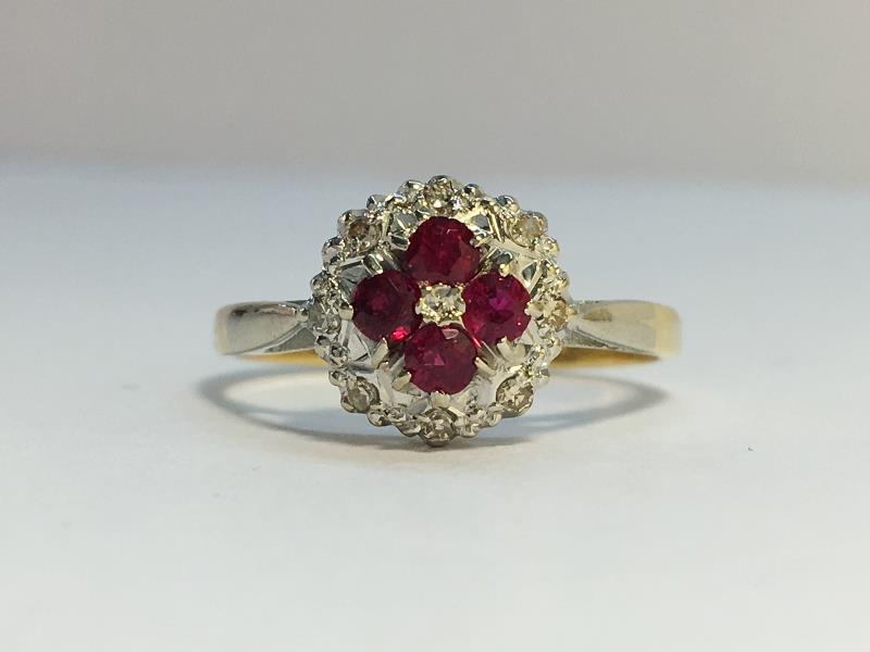 An Ruby and Diamond cluster ring in 18ct yellow and white gold. Rubies ETCW 0. - Image 2 of 8