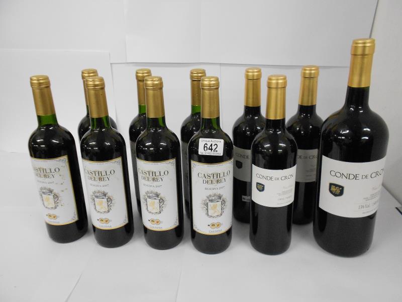 11 bottles - 7x Castillo del Rey 2007, 3x 750ml Conde de Cron Vino Tinto, and a 1.