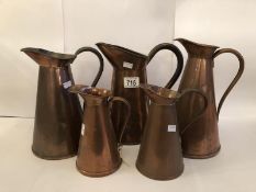 5 Victorian copper ale jugs