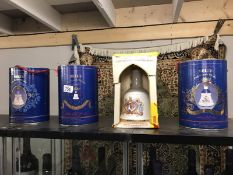 4 Bells wade old scotch whisky decanters - All royal related in tubs or boxes.