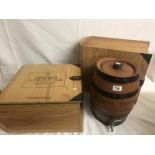 2 wine boxes and a sherry barrel.