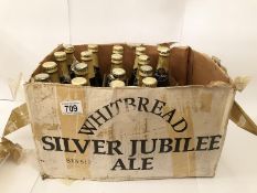 17 Whitbread 1977 Silver Jubilee ale bottles (unopened) in Whitbread cardboard crate.