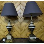 Matching Pair of American Stiffle Table Lamps (re-wired), brass bound with cream ground plinths,