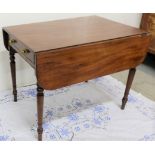 Late 19thC Pembroke Mahogany Table, with apron drawer, turned legs, 33”d, extends 40”