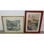 19th C Japanese watercolour, signed & & a Japanese framed print (2)