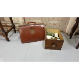 Docrs Leather Bag & box of medicine and other sauce glass bottles etc