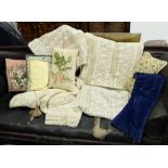 4 crochet style window panels & 5 loose cushions, various patterns