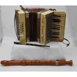 German butn accordion, wooden recorder & “Clarke” tin whistle (3)