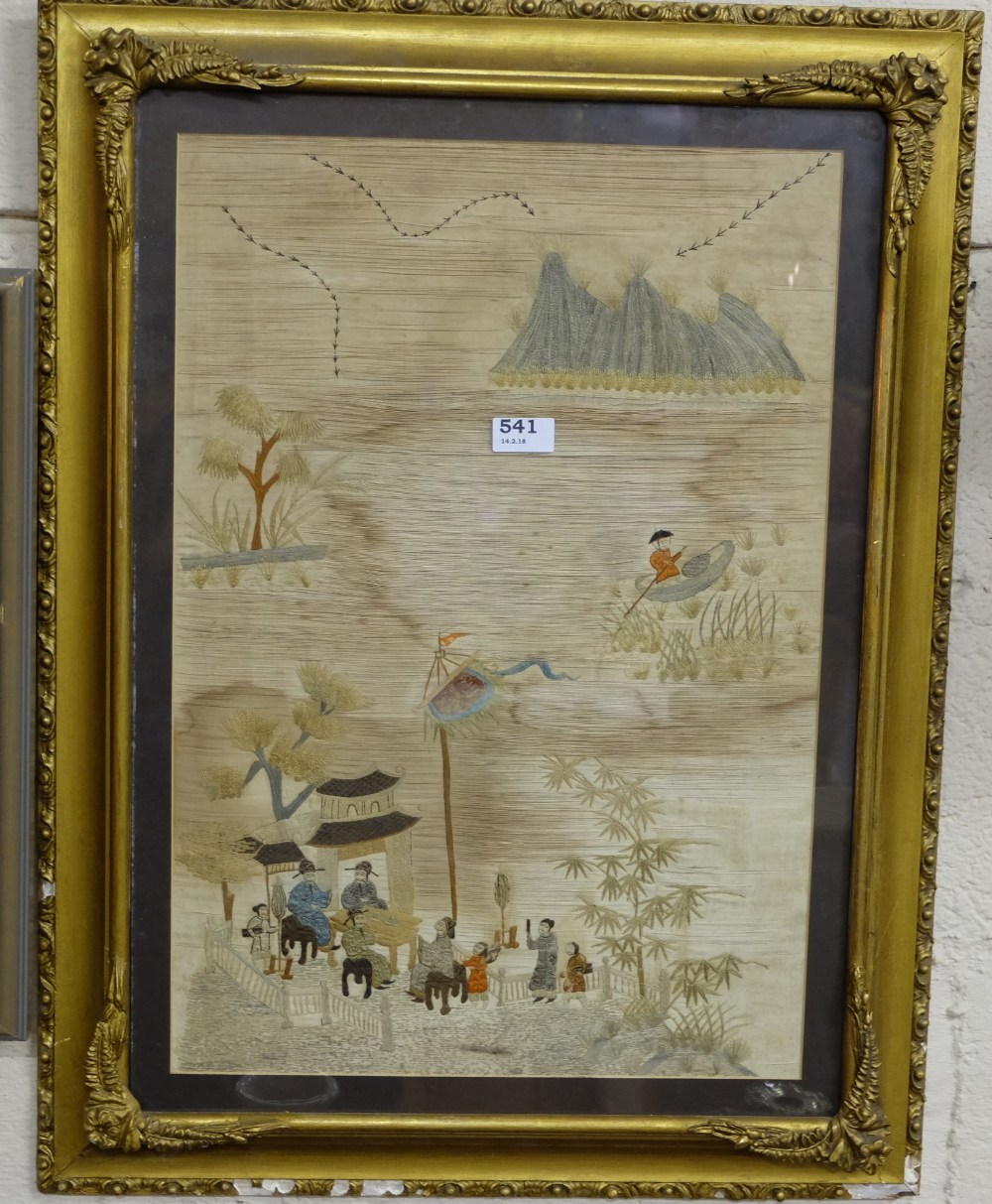 19thC Chinese woven silk panel, figures in a tea house with river landscape in the background, 23”