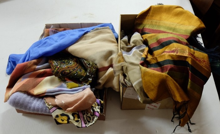 2 boxes of Lady’s scarves, some silk, wool, Kashmir - all good quality