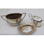 3 pieces of silver – mustard oval-shaped condiment with spoon, Irish pierced pin dish & a London