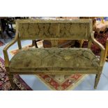 19thC 2-seater settee, painted gold, swag pattern upper pediment and sprung seat, 50”