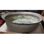 Large Circular Copper Pan with impressed p border (some damage base), 35” dia