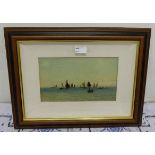 19thC Oil on Board – Fishing Boats at Shoreside,12” x 6.5”, in a boxed glass and mahogany frame,