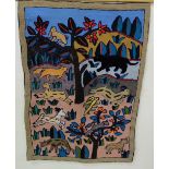 Hand woven wall hanging, a variety of wild animals in a for setting, 20” x 32”