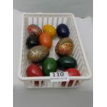 Basket of decorative collecrs eggs, some hand painted with bird designs (11)