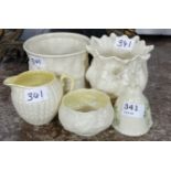 5 Belleek Items – 1st Period biscuit jar and later periods of cream jug, sugar bowl, bell & posy