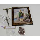 Religious items – 3 x antique Pecrial Crosses, 2 x Rosary beads & a framed print of St Patrick