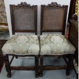 Pair of Oak Framed Side Chairs, with carved p rails over bergere backs, blue and gold satin fabric